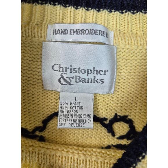 Vtg Cat Lady sweater Christopher & Banks Cotton Yellow Navy Blue Heart/Cats Sz L - Picture 4 of 4